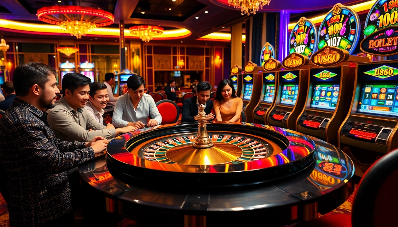 U888 themed roulette table in an elegant casino filled with excited players and vibrant lighting.