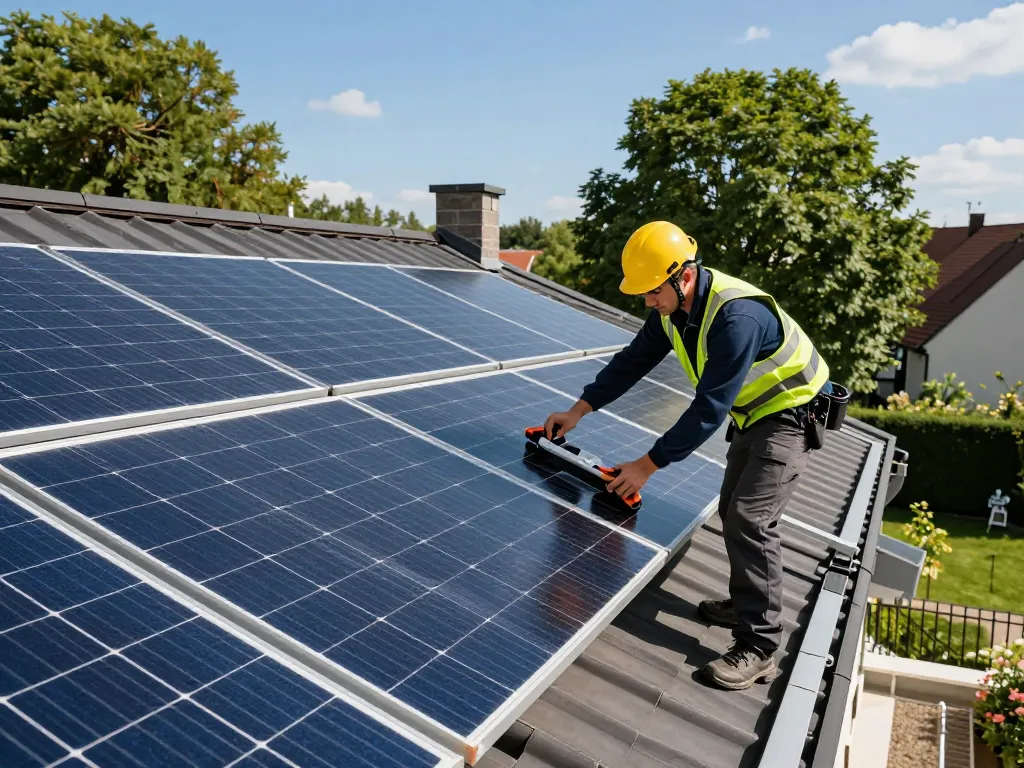 Techniker installiert Solarpanels für das Solar Wien Projekt, das umweltfreundliche Energielösungen hervorhebt.