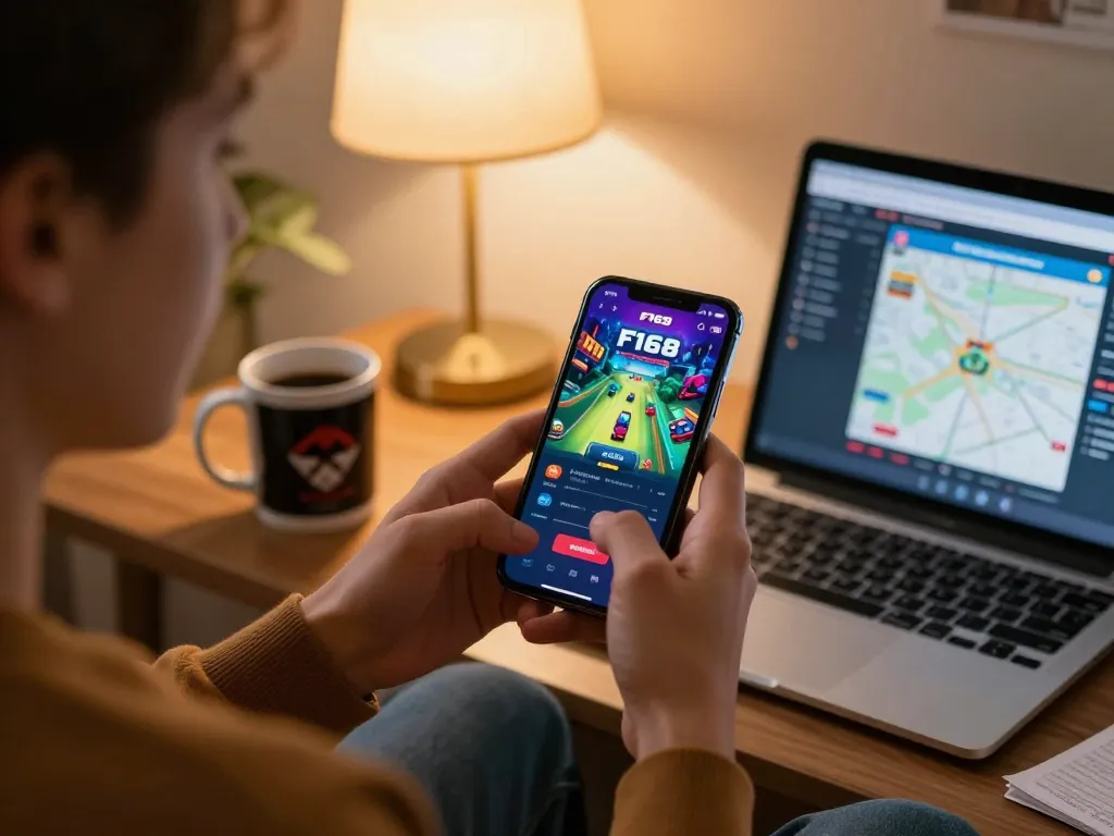 Playing F168 mobile app in a cozy home setting with gaming strategy notes.