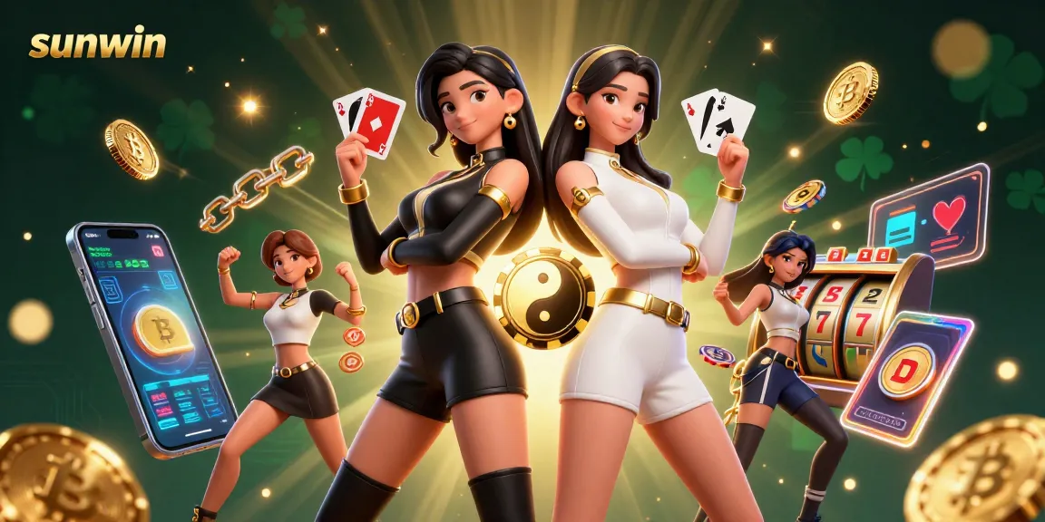 Experience thrilling gameplay with Sunwin as twin Asian women showcase their cards amidst a vibrant casino backdrop.