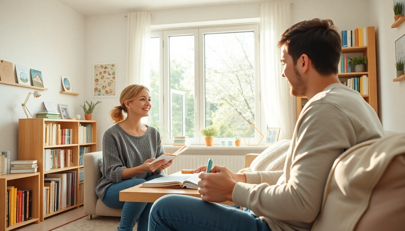 Familienmitglied erklärt kindgerecht Heimunterricht in einem kreativen Lernzimmer.