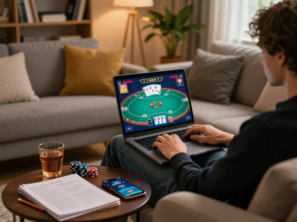 Engaging in online poker, tracking strategies with a KI Detektor Bachelorarbeit visible on screen