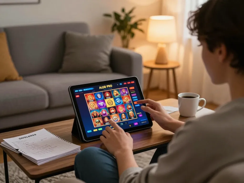 Engaging with ALO8 PRO online games on a stylish tablet, cozy atmosphere.