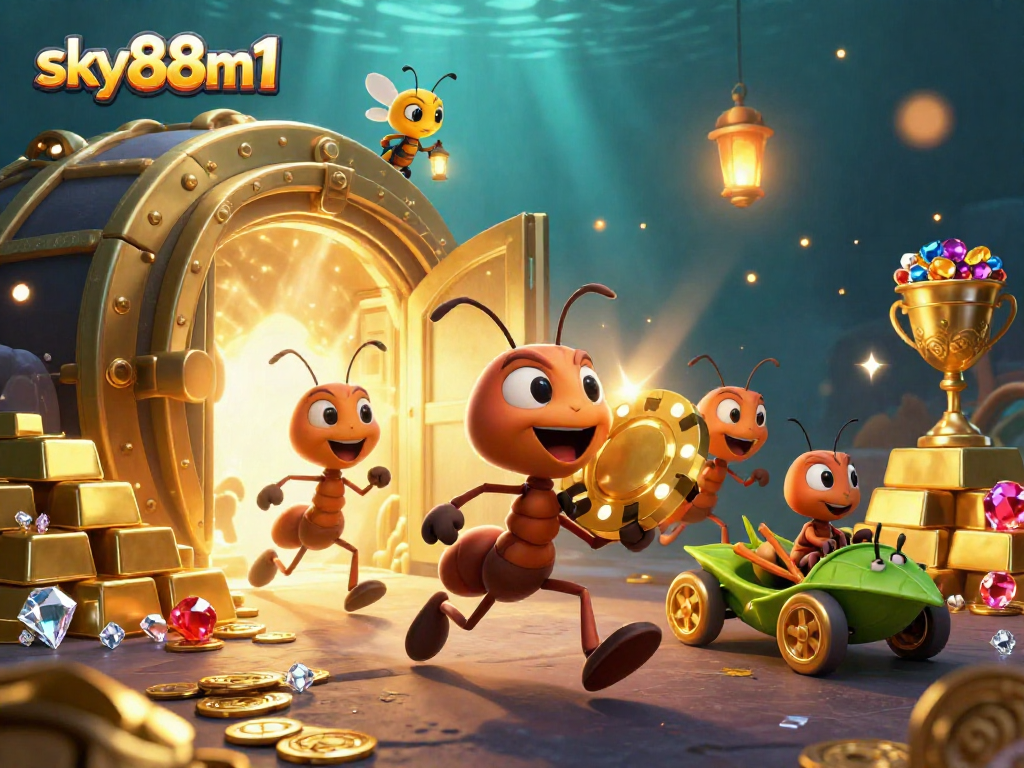 Engage in exciting gameplay at sky88m1 with ants on a heist, collecting gold poker chips and gems.