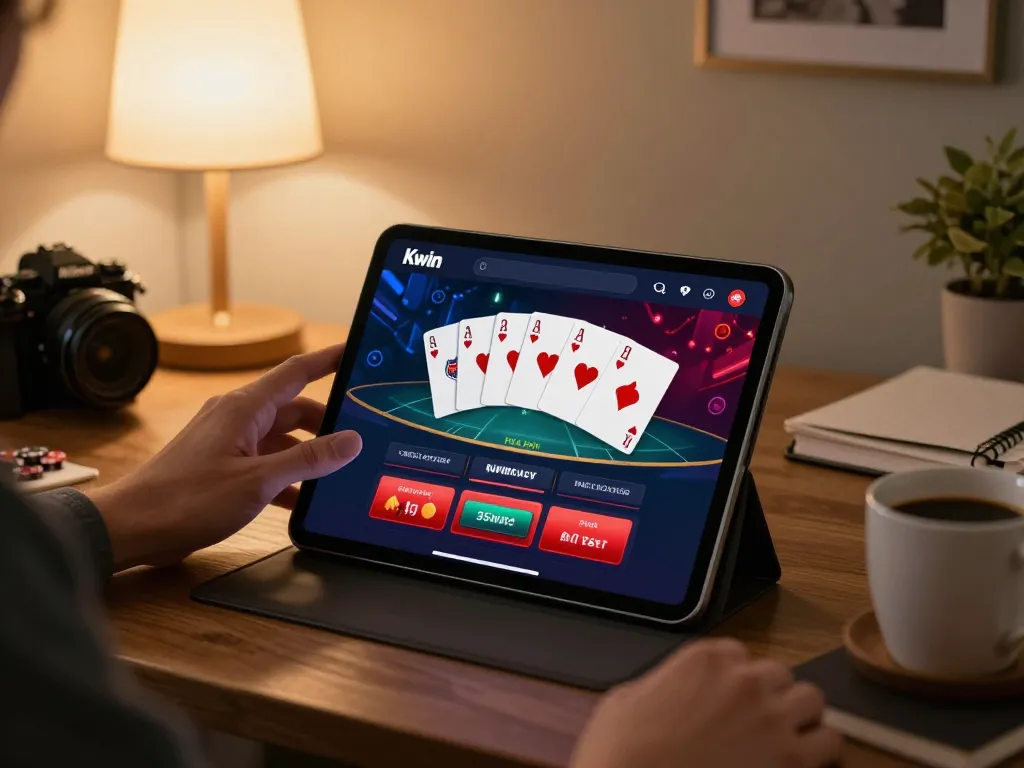 Kwin player engaging in online casino gameplay on tablet, showcasing vibrant betting options and cards in cozy home setting.