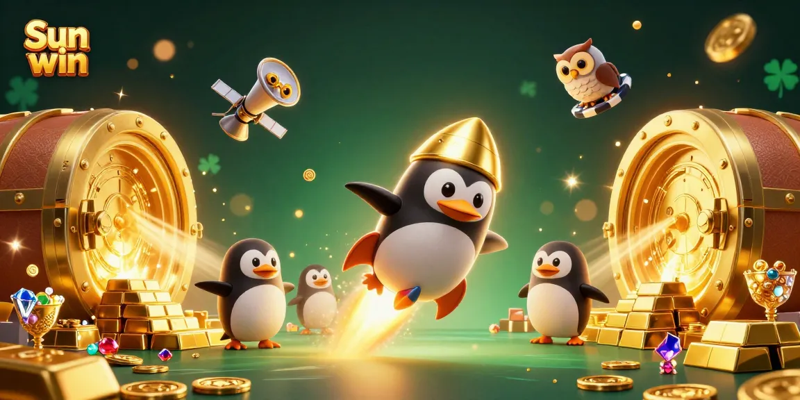Engage with the Sun win experience, showcasing a golden penguin blasting through space towards a vibrant casino.