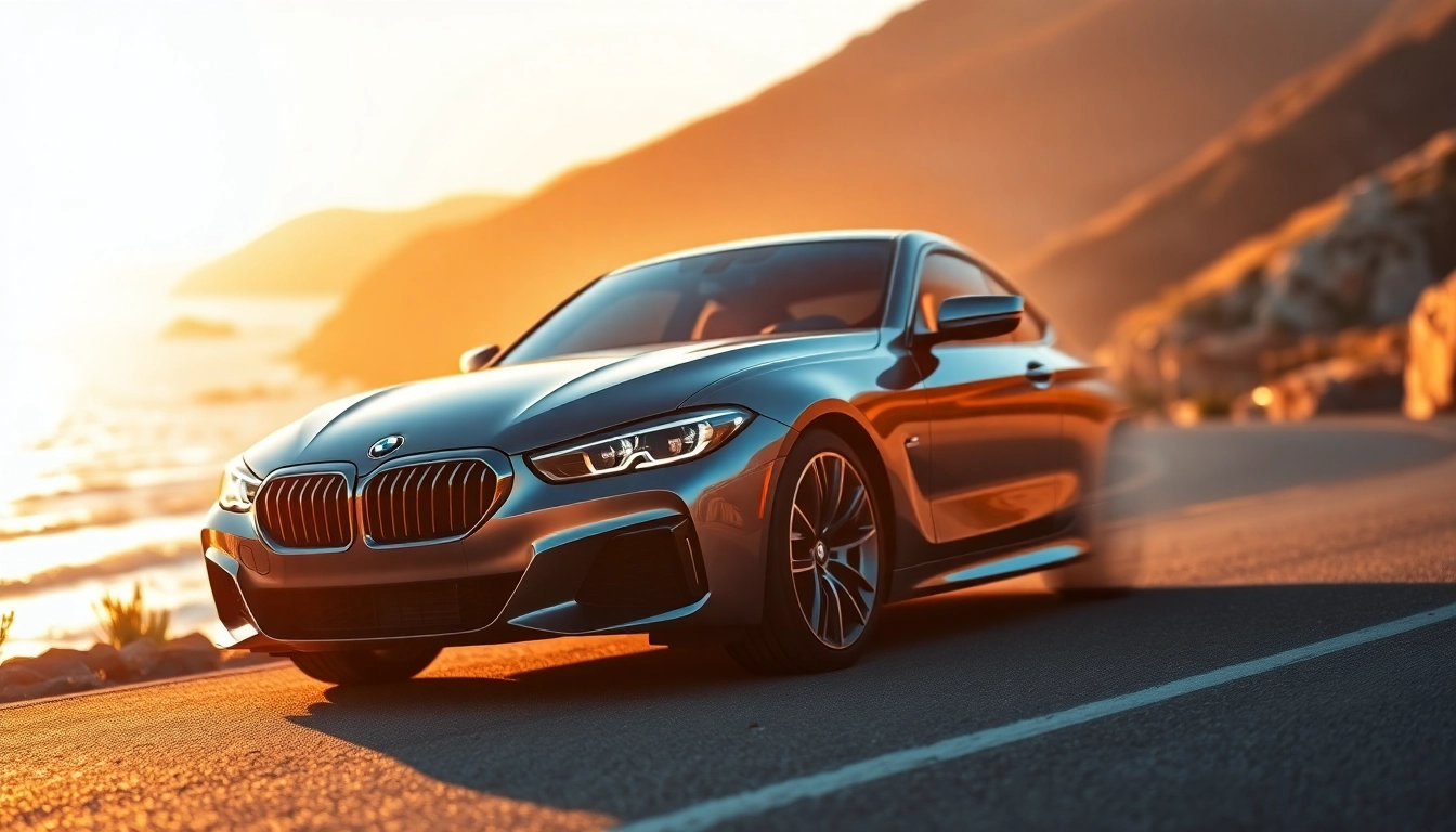 BMW kaufen: Elegantes BMW Fahrzeug auf malerischer Küstenstraße bei Sonnenuntergang.