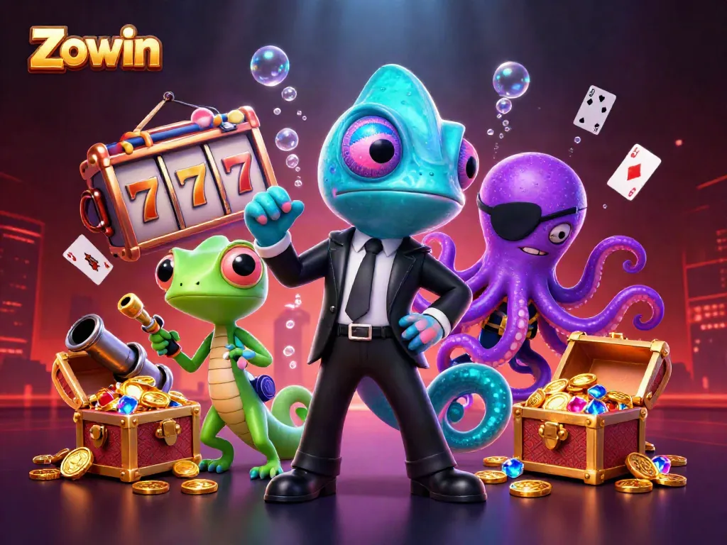 Zowin slots scene featuring colorful jackpot reels, a chameleon agent, and an octopus villain.
