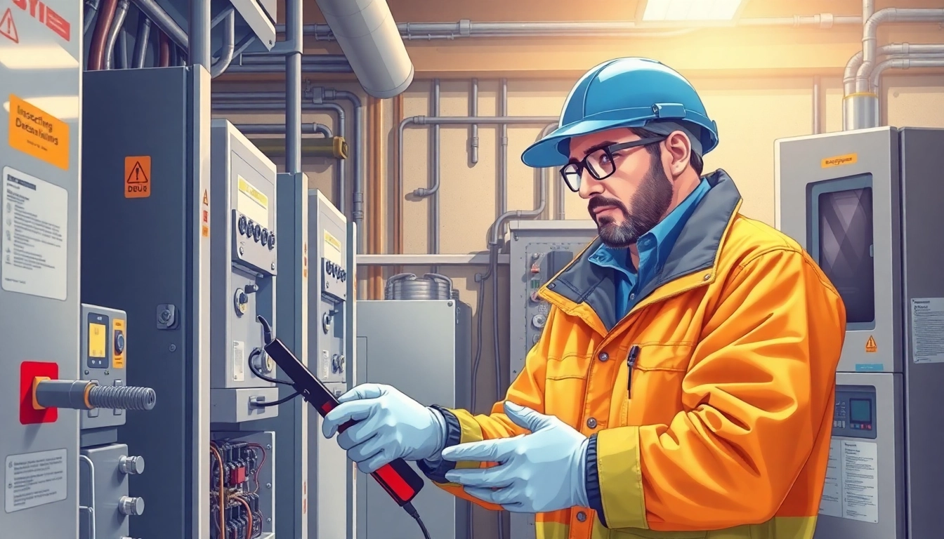 Technician conducting a DGUV V3 Prüfung on electrical equipment for workplace safety.