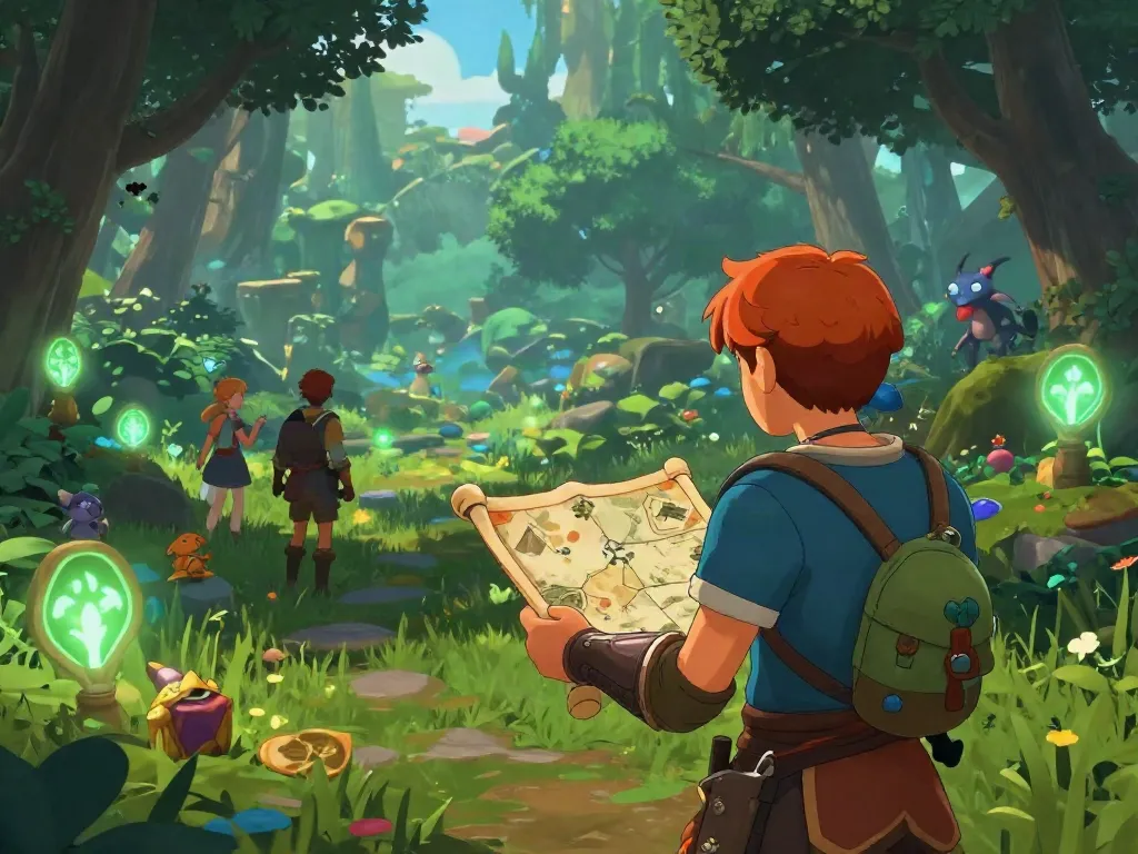 Player exploring a magical forest in rokok88 with glowing quest markers and hidden treasures.