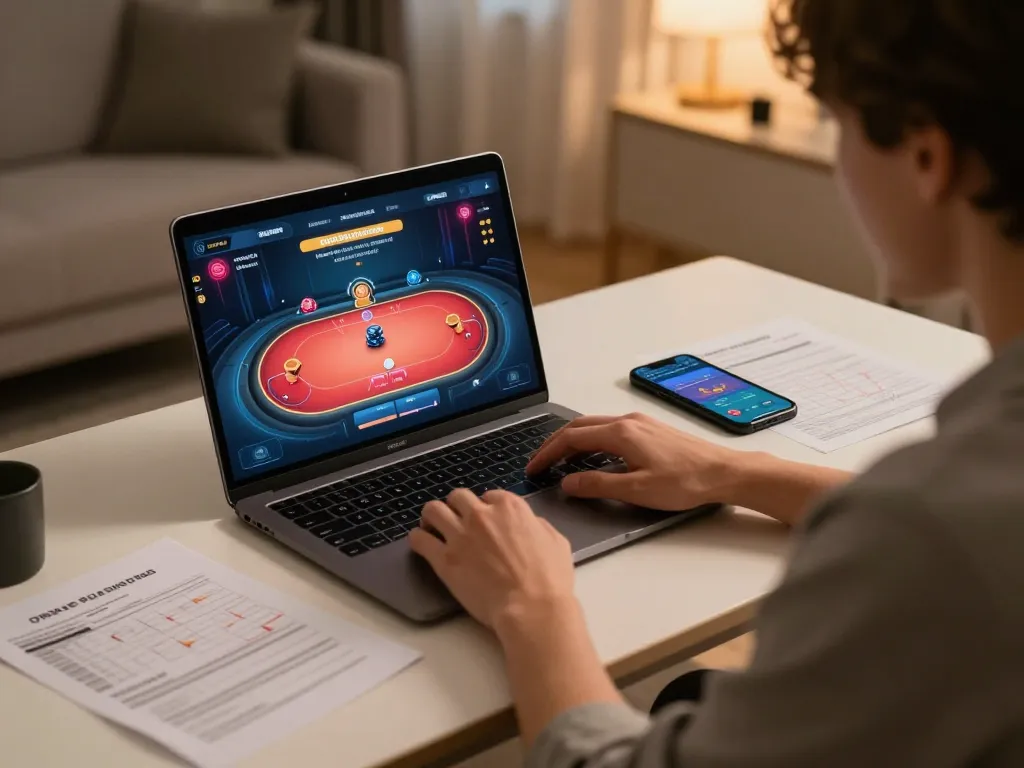 View of a person intensely focused on playing poker at Man88 online casino on laptop with strategic notes nearby.