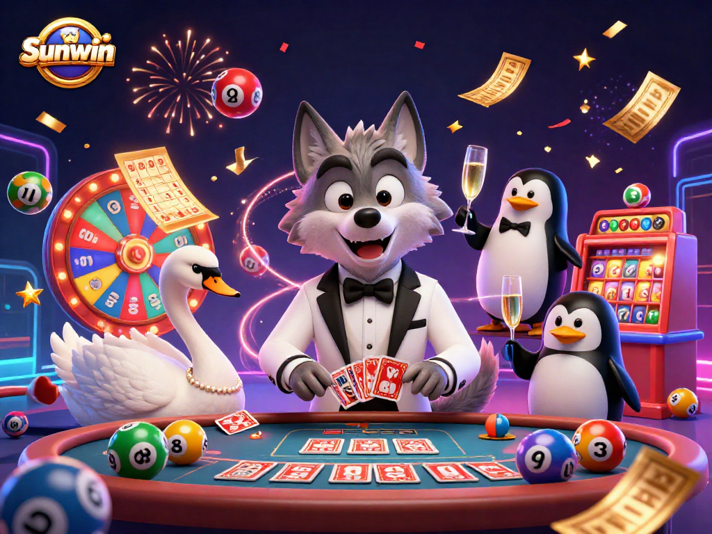 Experience the Sunwin excitement with vibrant casino characters and dynamic lottery elements.
