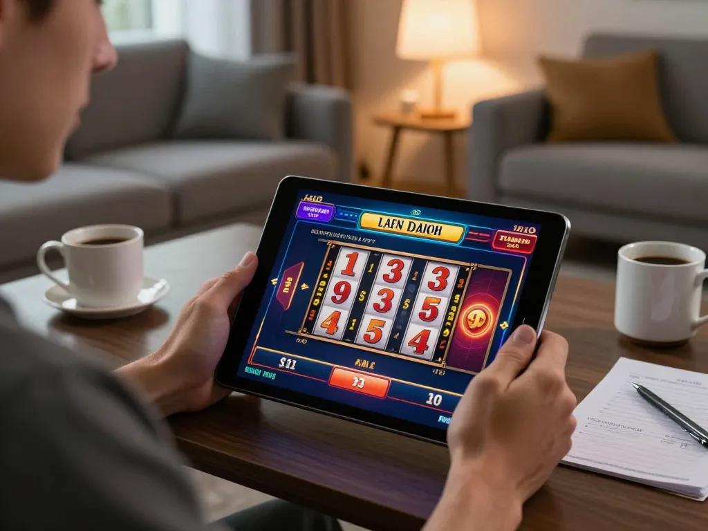 Engaged player using alo8 com to spin online slot reels in a cozy home environment