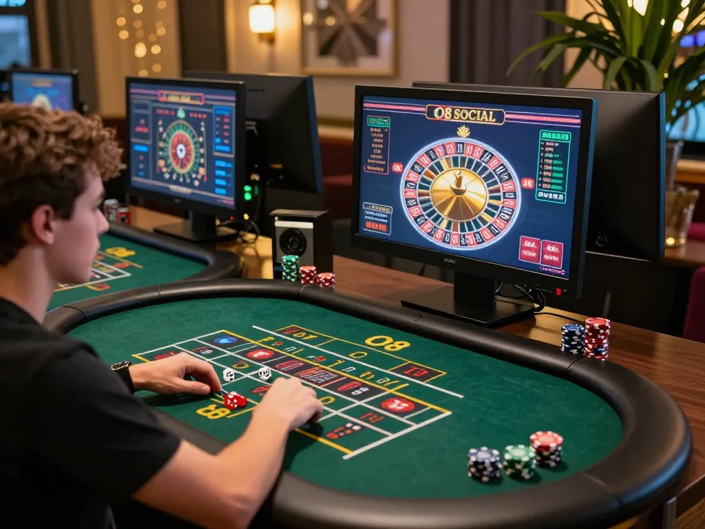 Players immersing in thrilling gameplay at O8 SOCIAL through a modern home casino setup