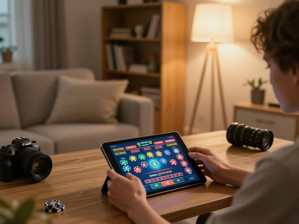RR88 online gaming session on tablet with engaging interface in a cozy home setting.