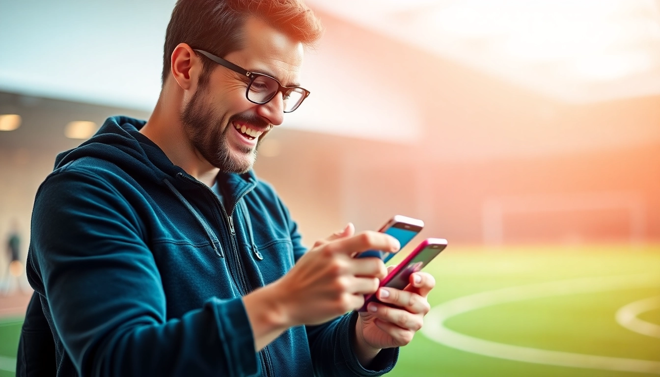 Erleben Sie die besten Wett Apps, während ein begeisterter Nutzer mit seinem Smartphone spannende Sportwetten platziert.