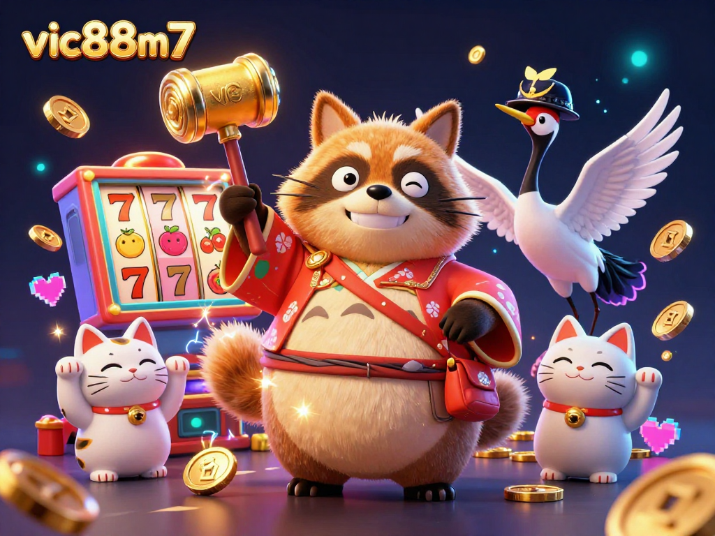 Play exciting slots at vic88m7 with vibrant visuals of a cheerful tanuki and lucky symbols.
