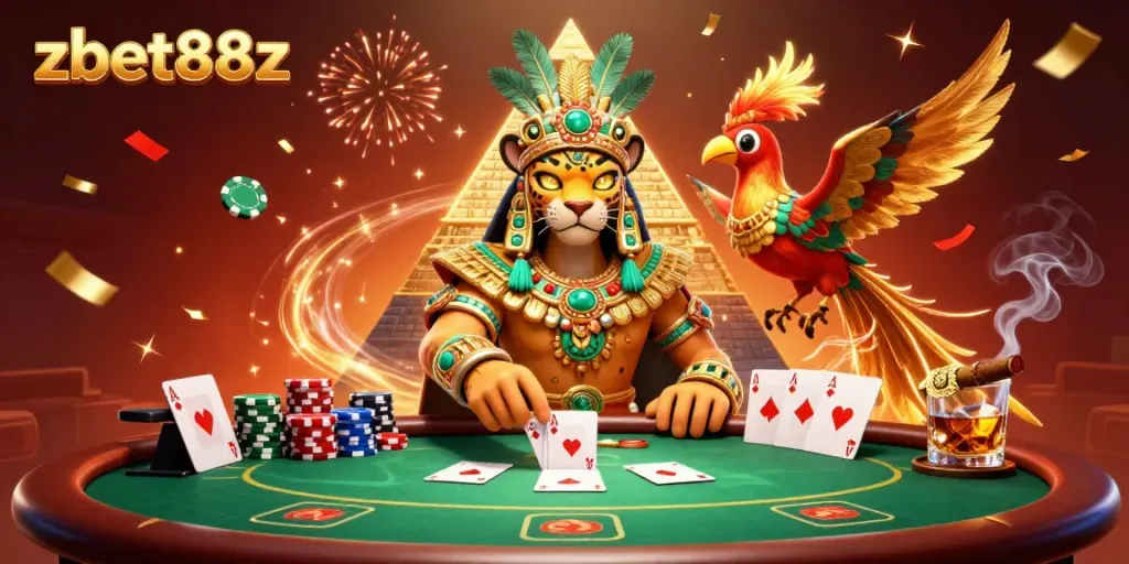 Engaging scene of zbet88z with vibrant casino elements, showcasing a Mayan priest and quetzal bird in action.
