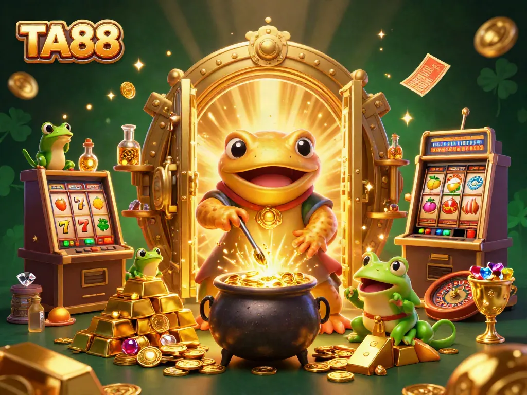 TA88 offers dynamic betting opportunities with gold coins, slot machines, and casino elements in an enchanted scene.
