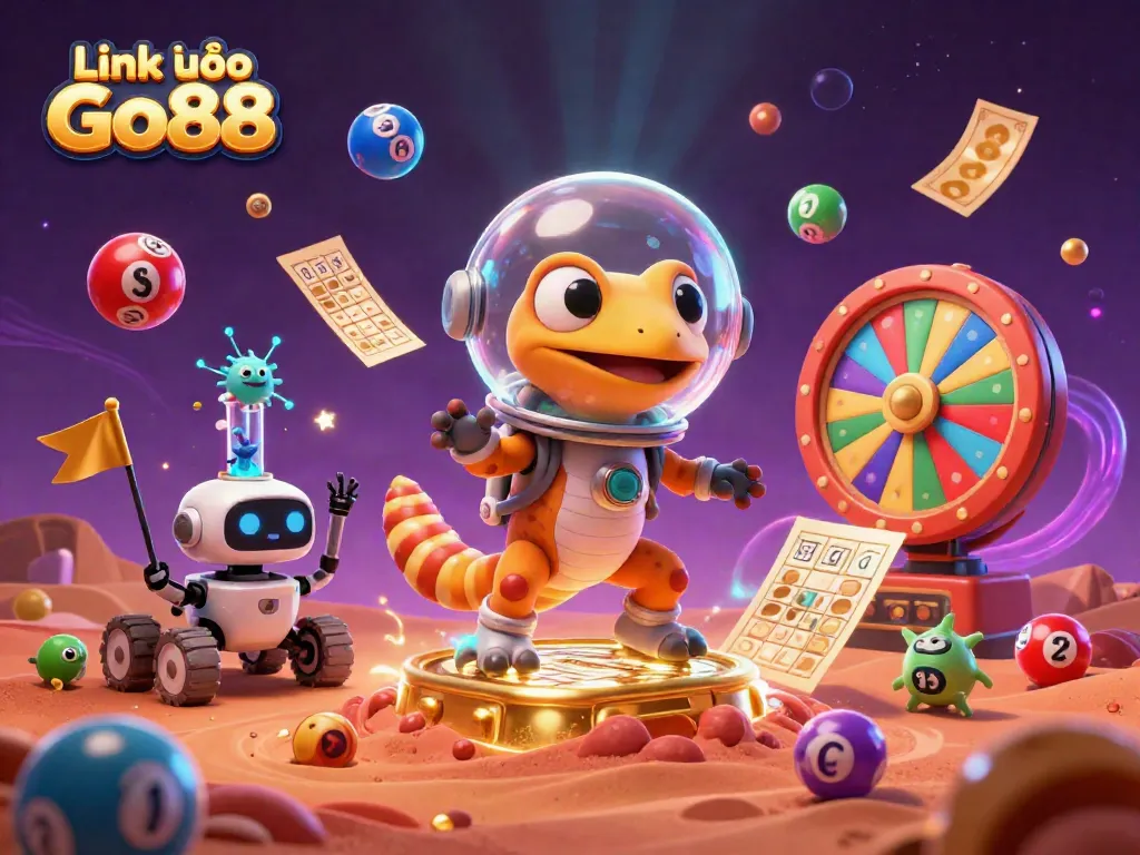 Engage with the vibrant universe of gambling through Link vào Go88, featuring a Martian gecko uncovering a golden casino.