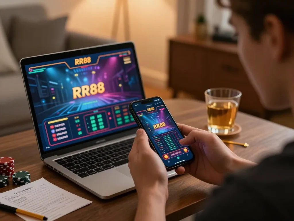 Player engaging with RR88 app on smartphone in stylish home setting, emphasizing responsible gaming.