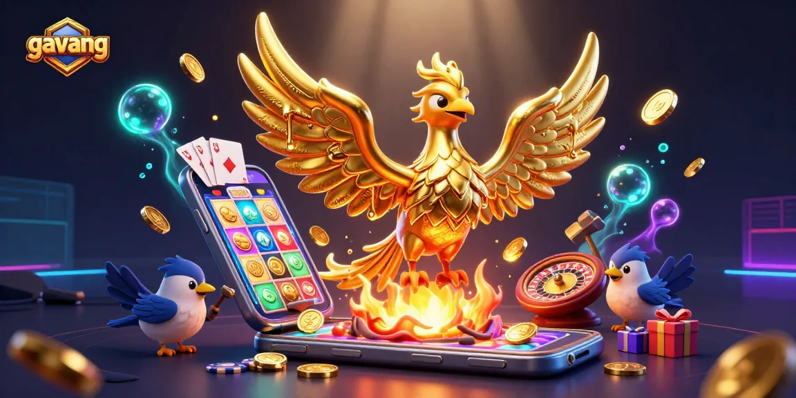 Experience the excitement of gavang with a fiery golden phoenix and dynamic slot game elements.