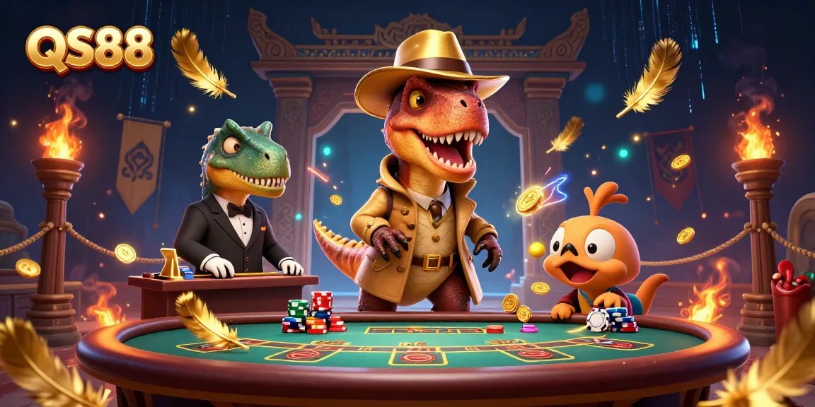 Experience thrills with QS88 casino cartoon featuring playful dinosaurs in a blackjack scene.