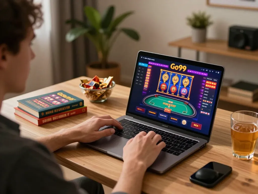 Engaging in the Go99 online casino experience with immersive gaming setup at home.