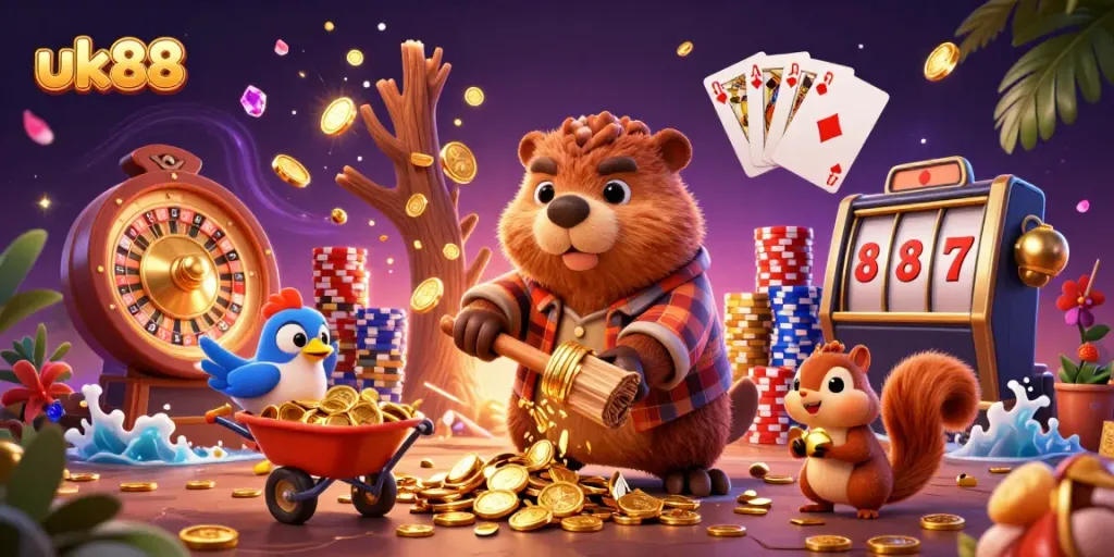 Experience the excitement of uk88 with vibrant casino characters and dynamic game elements in this lively scene.