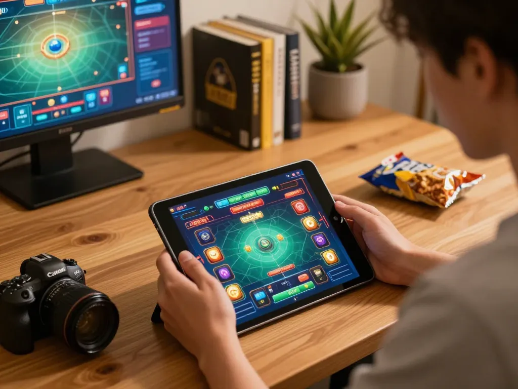 Person enjoying online gaming experience on mk8th platform with engaging tablet interface.