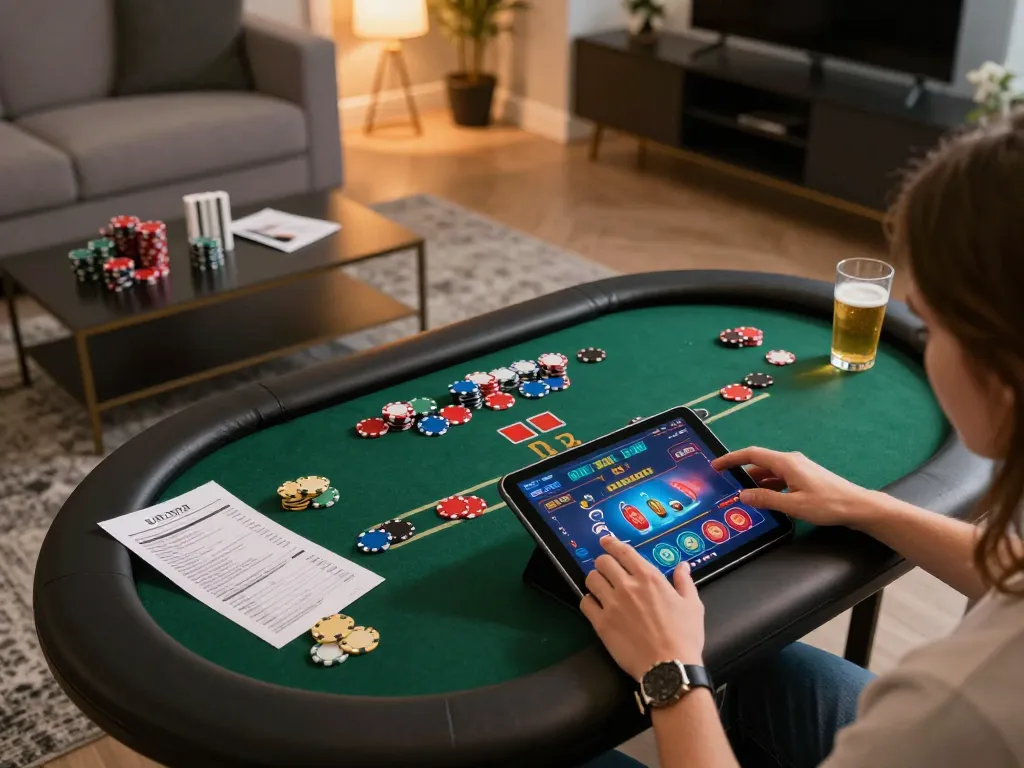 Engaging in fun79 online casino gameplay from a cozy home setting with a tablet