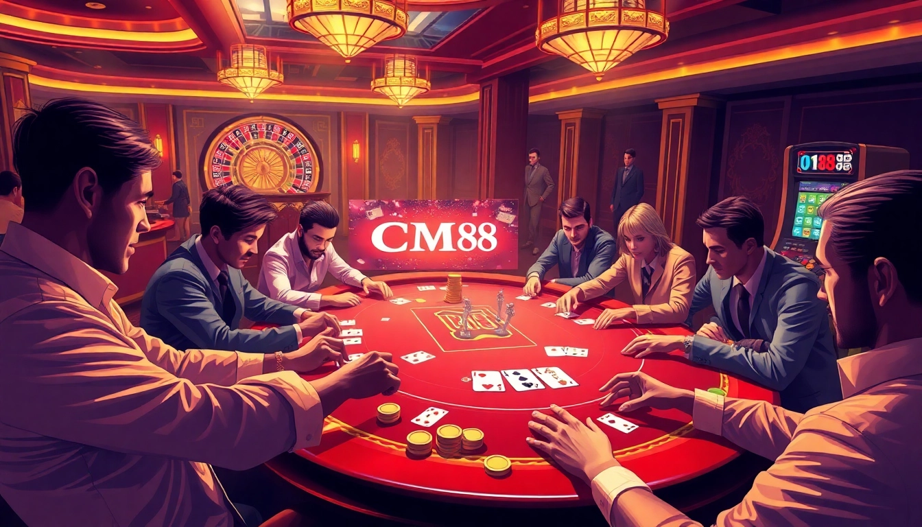 Win exciting hands at CM88 poker tables filled with vibrant chips and cards in a luxurious casino.