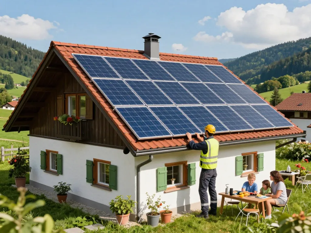 Techniker inspiziert Solarmodule auf einem bayerischen Haus, das Photovoltaik Bayern hervorhebt.