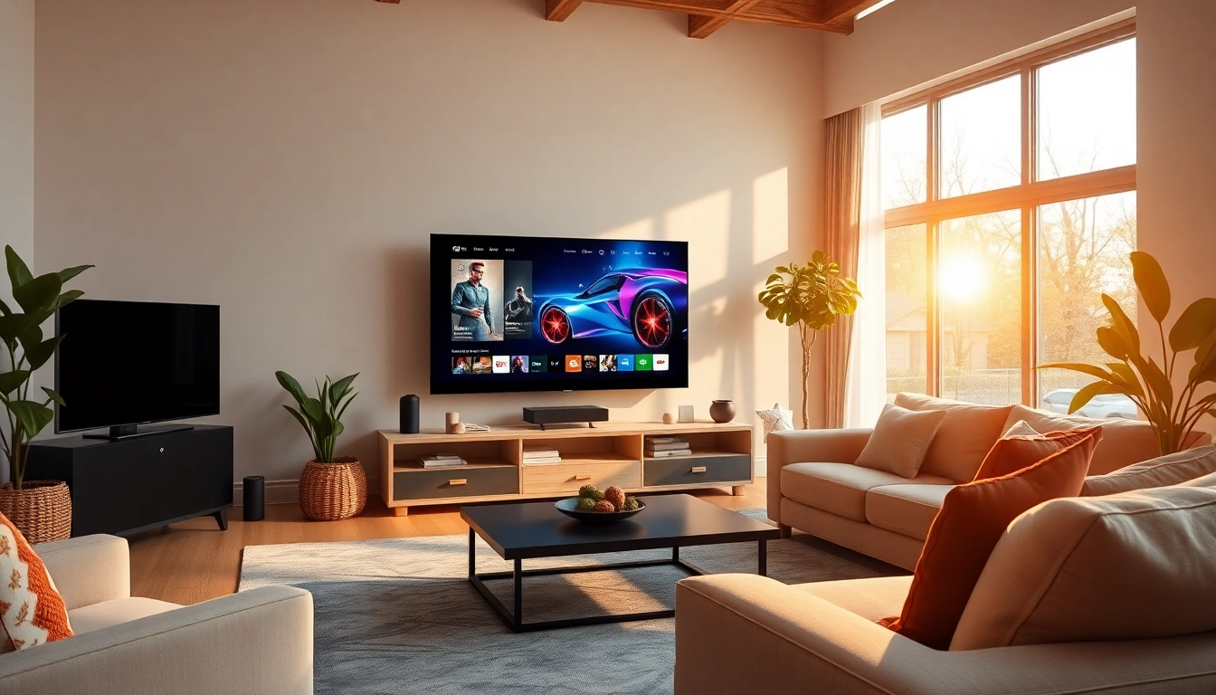 IPTV Lösung online in a modern living room showcasing a large screen with streaming content.