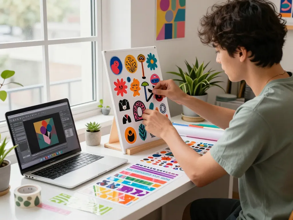 Customized sticker drucken in a colorful e-commerce workspace with vibrant materials and a focused designer.