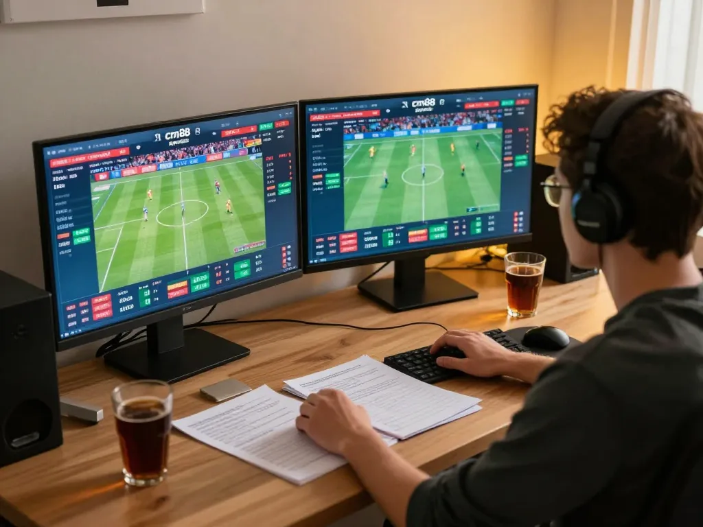 Engaging in cm88 sports betting at a modern home office setup with multiple screens and betting notes.