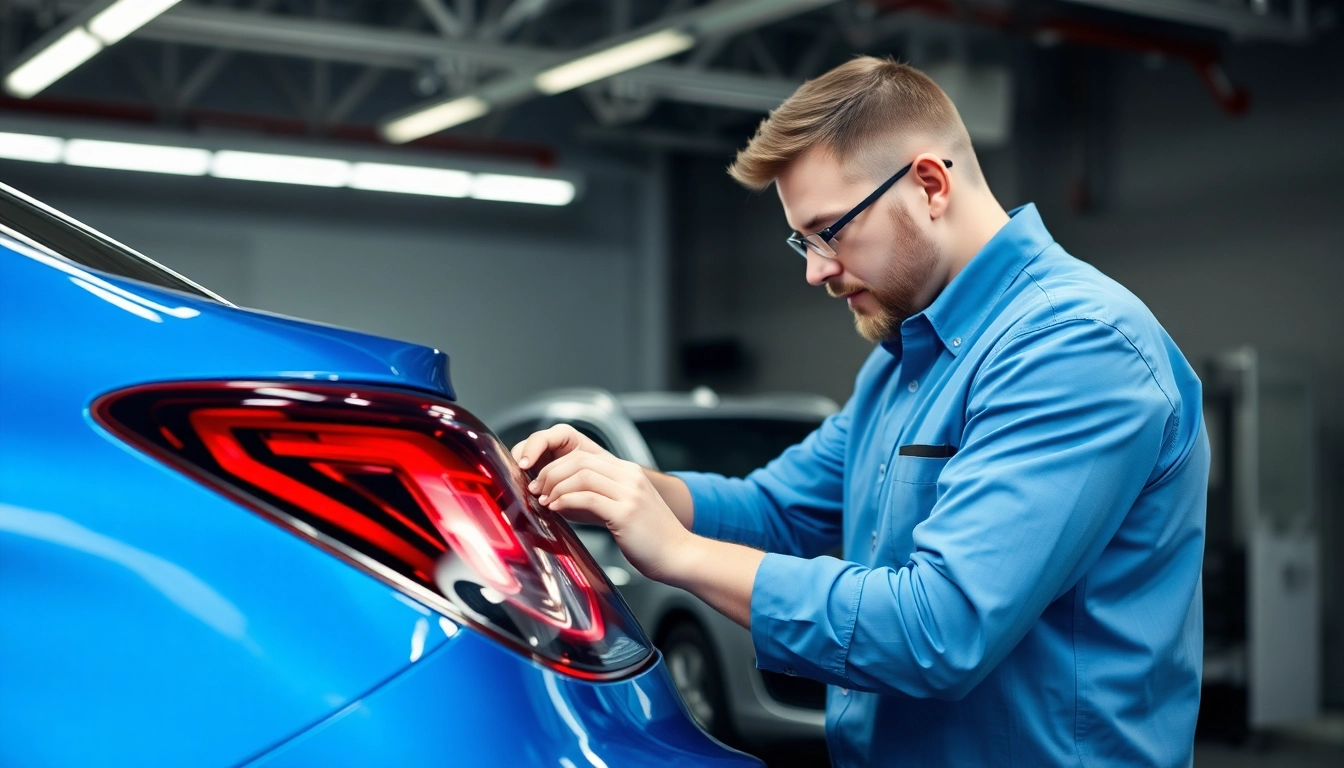 Professionelle Smart Repair in München: Ein Experte bei der Durchführung von Lackreparaturen an einem blauen Auto.