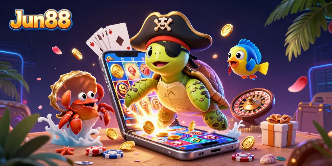 Experience thrilling moments with Jun88 as a pirate turtle, hermit crab, and parrotfish explore vibrant slots.