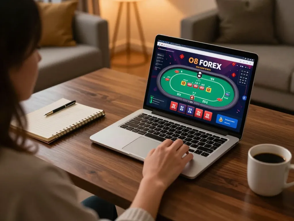 Engaging gameplay experience with O8 FOREX on a laptop, showcasing dynamic online casino interface.