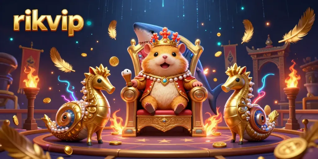 Experience thrilling gameplay with rikvip in a vibrant illustration featuring a golden hamster king and his seahorse guards.