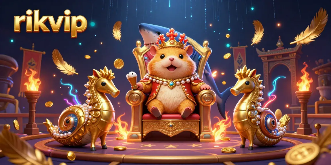 Experience thrilling gameplay with rikvip in a vibrant illustration featuring a golden hamster king and his seahorse guards.