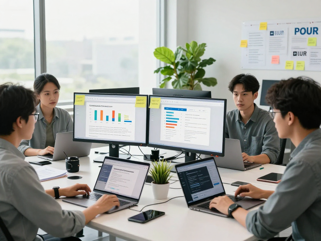 Barrierefreie und rechtssichere Webseiten Dienstleistung in einem modernen Büro, wo ein Team an der Gestaltung und Prüfung arbeitet.
