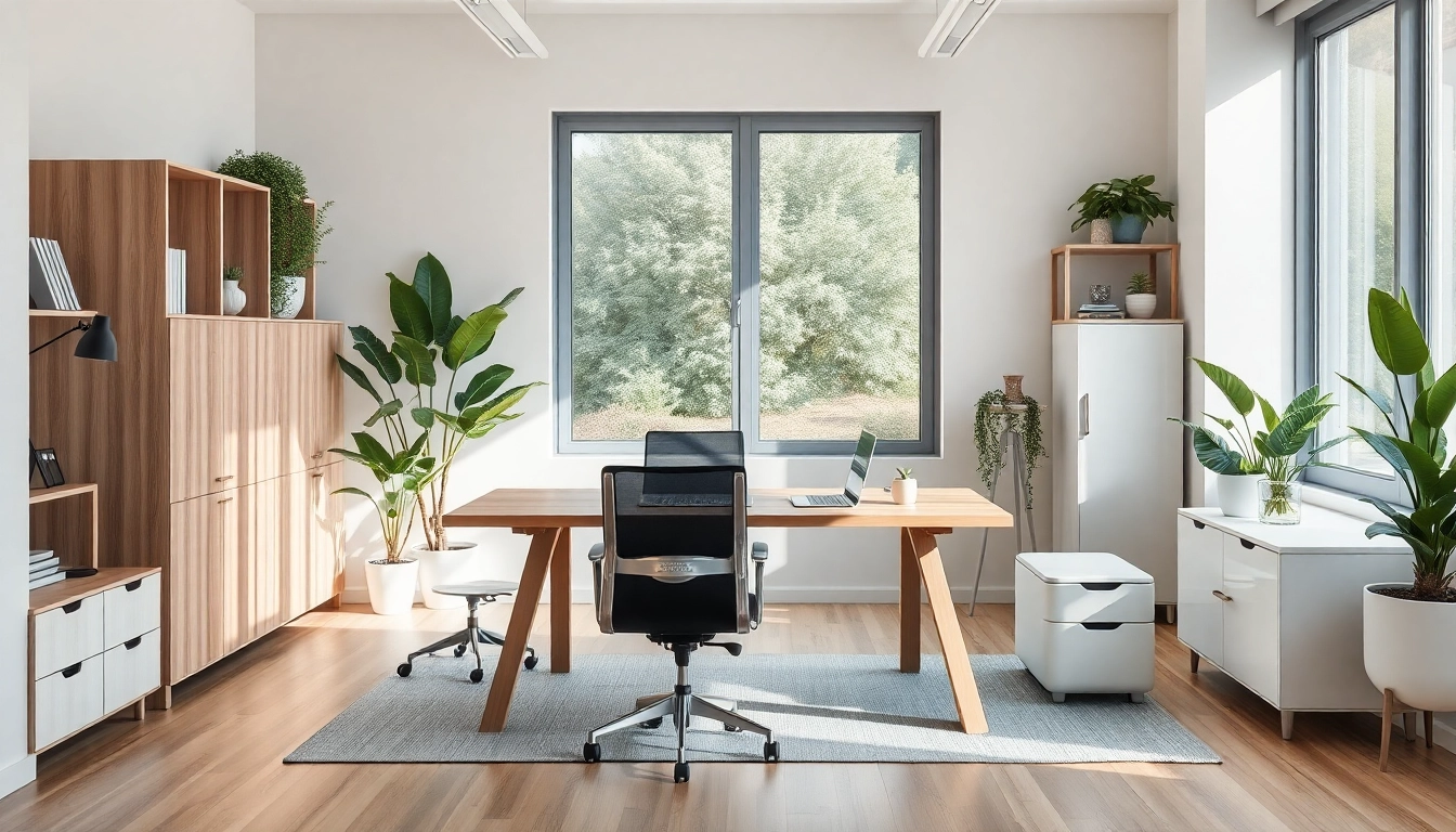 Moderner Arbeitsplatz mit hochwertigen Büromöbeln wie einem eleganten Schreibtisch und ergonomischem Bürostuhl.