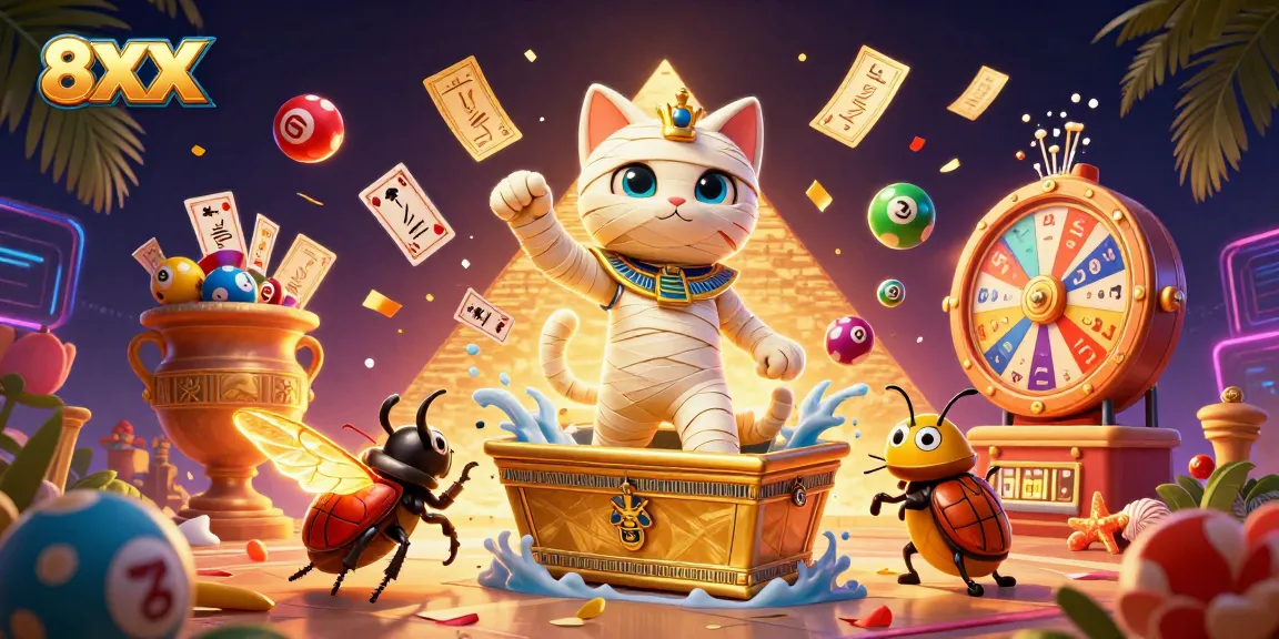 Experience thrilling wins with 8XX in a vibrant casino scene featuring a mummy cat and glowing scarab.