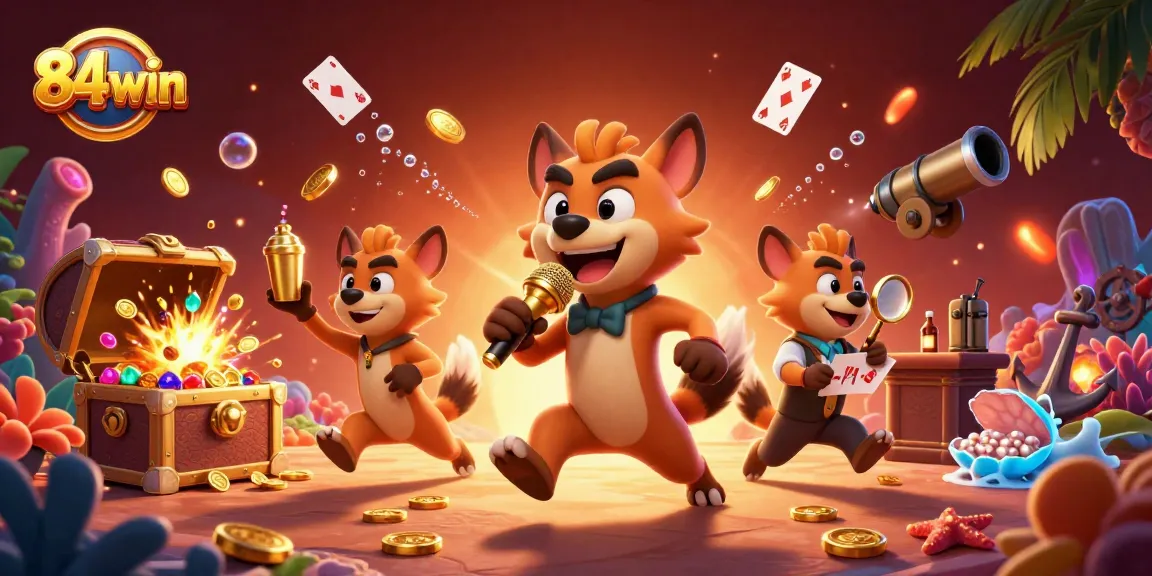 Join the fun at 84win's vibrant casino-themed scene with hyenas and rich gaming elements.