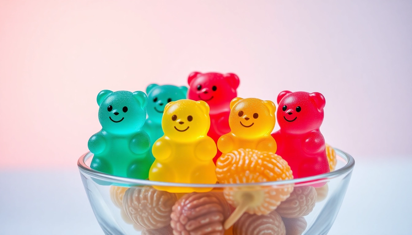 Genieße die köstlichen edibles gummibärchen in verschiedenen Farben, die frisch in einem Behälter präsentiert werden.