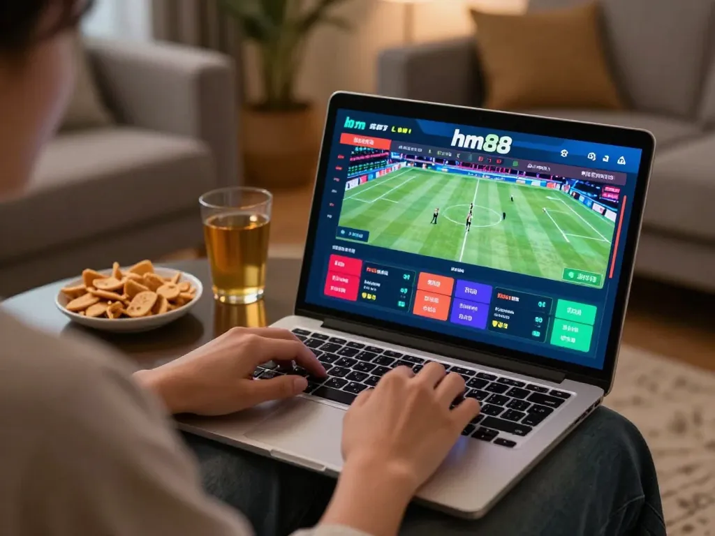 Placing a bet on the hm88 sportsbook interface in a cozy home setting.