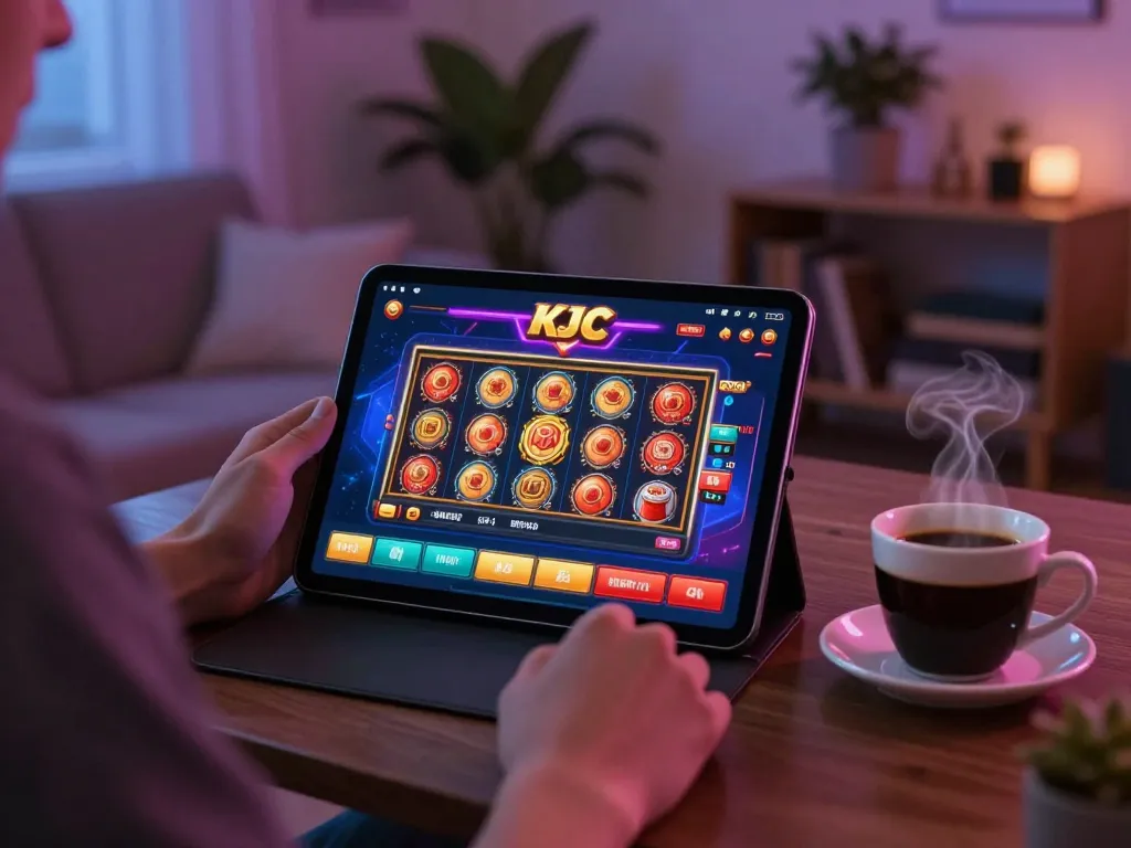 KJC user enjoying an online casino experience on a tablet in a cozy home setup