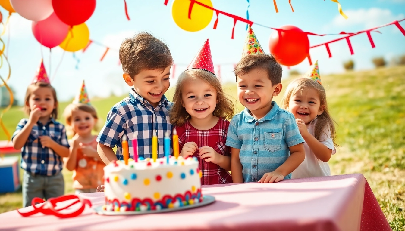 Kindergeburtstag 4 Jahre mit fröhlichen Kindern, die verschiedene Spiele spielen und Blumen und Dekorationen genießen.