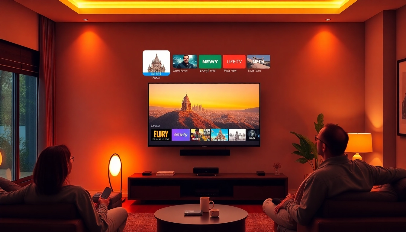 View of a living room featuring IPTV anbieter services on a modern TV screen, showcasing family enjoyment and comfort.
